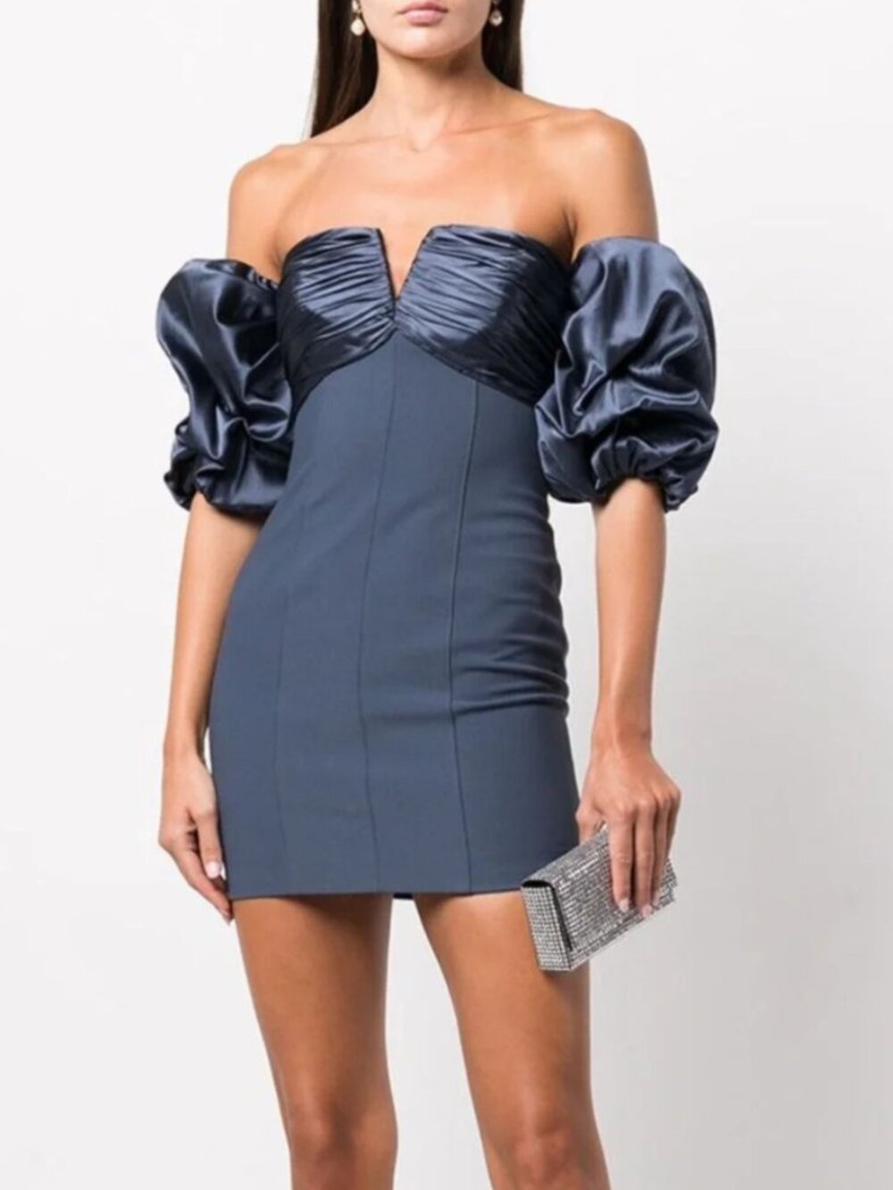 Cinq a Sept Teo Off the Shoulder Silk Puff Sleeve Ruched Mini Dress, Blue US 10